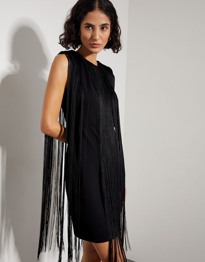 Tara Sleeveless Fringe Mini Dress, Black (BLACK), large
