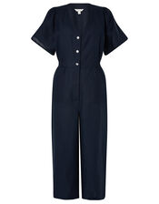 Poppy Cropped Jumpsuit in Pure Linen, Blue (NAVY), large