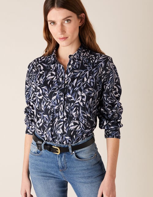 Phoenix Printed Shirt in Pure Linen, Blue (NAVY), large