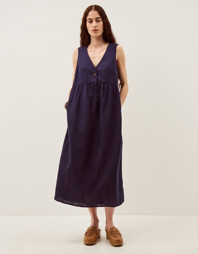 Posey Sleeveless Linen Midi Dress, Blue (NAVY), large
