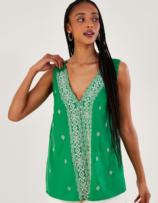 Embroidered Wide Strap Vest Top, Green (GREEN), large