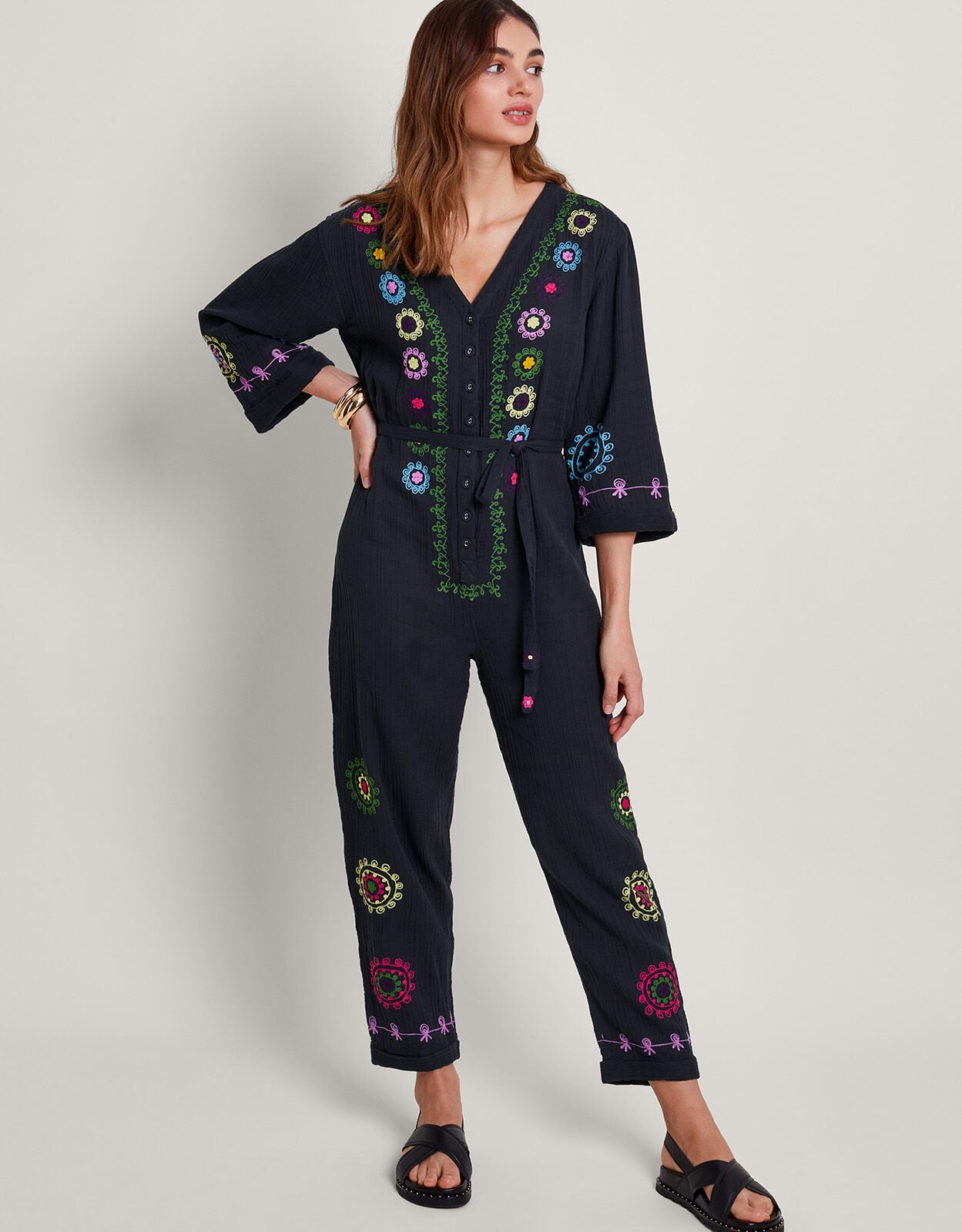 La Galeria Elefante Hand-Embroidered Jumpsuit Black