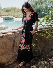 Piti Cuiti Flutter Floral Embroidered Maxi Dress, Black (BLACK), large