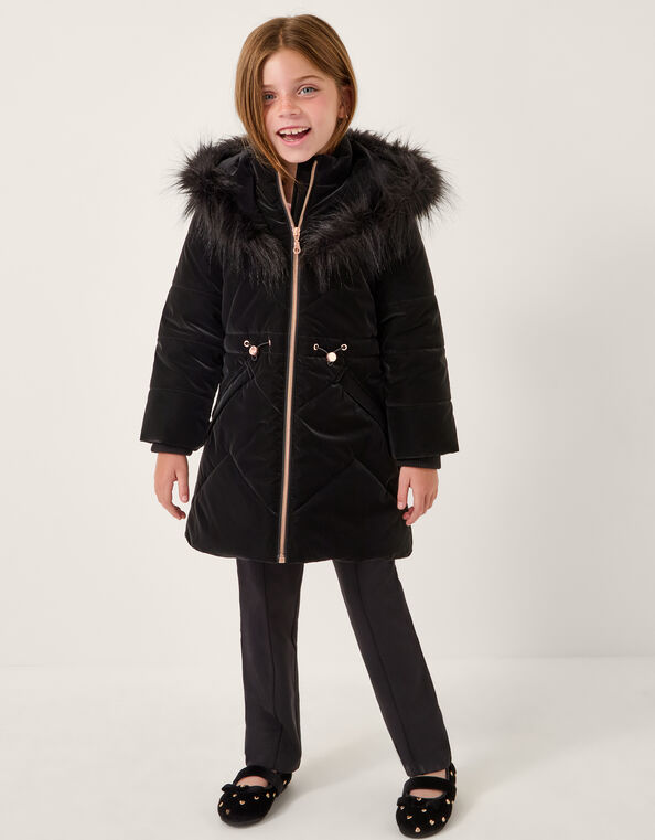 Faux Fur Hood Padded Coat, Black (BLACK), large