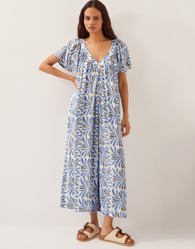 Cece Woodblock Wide-Leg Jumpsuit, Blue (BLUE), large