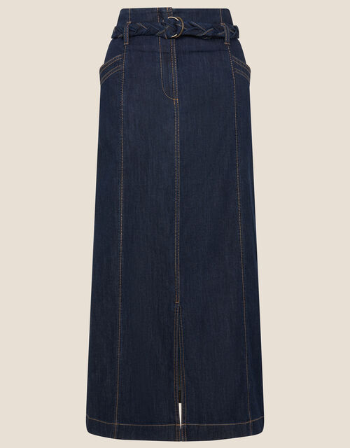 Nella Denim Plaited Belt Midi Skirt, Blue (DENIM BLUE), large