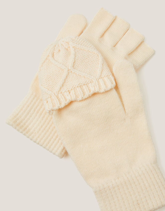 Diamond Fingerless Gloves with Mittens, Ivory (IVORY), large