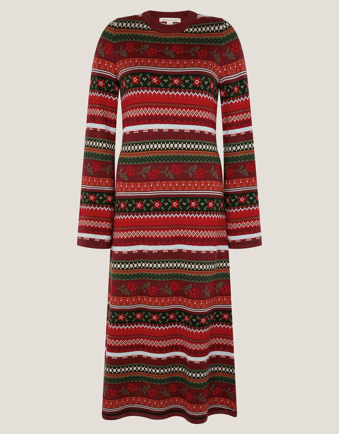 Fara Floral Fair Isle Midi Dress, Red (RED), large