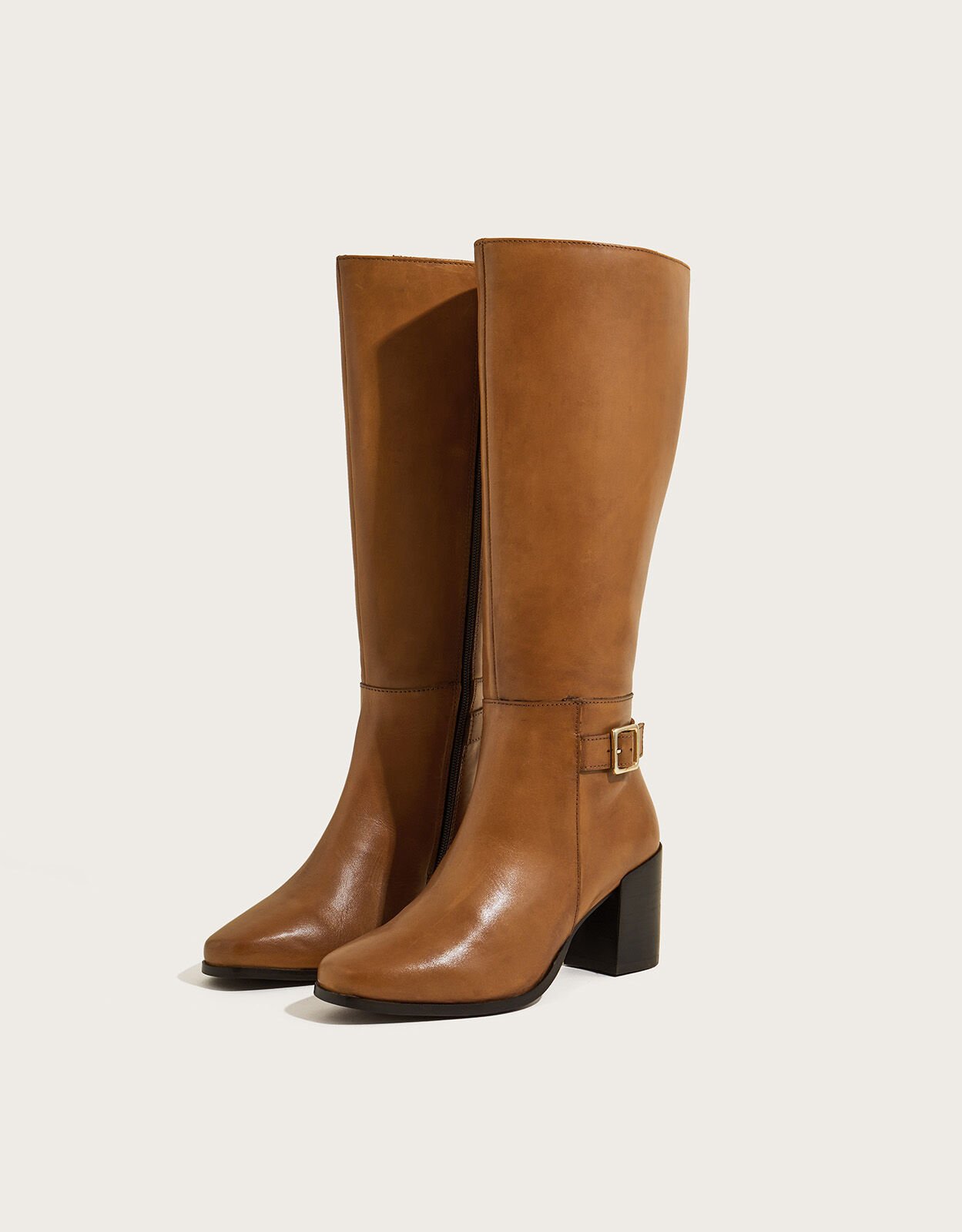 70s Long Leather Heeled Boots Tan