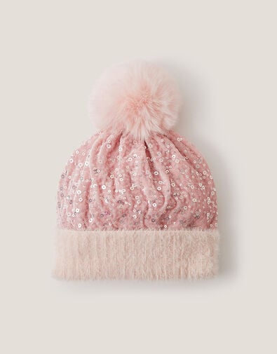 Sequin Pom-Pom Beanie Hat, Pink (PINK), large