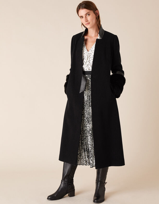 Faux Fur Cuff Maxi Coat in Wool Blend, Black (BLACK), large