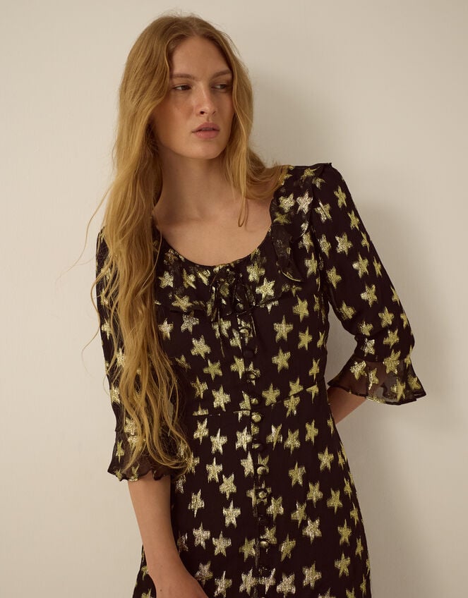 Monsoon x Queens of Archive Farrah Metallic Star Jacquard Mini Dress​, Black (BLACK), large