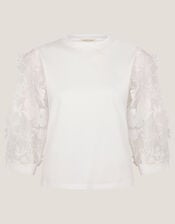 Fi Floral Sheer-Sleeve Top, Ivory (IVORY), large