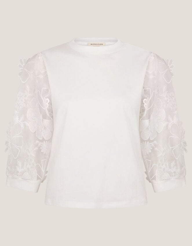 Fi Floral Sheer-Sleeve Top, Ivory (IVORY), large
