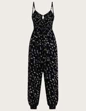 Batik Print Shirred Jumpsuit, Black (BLACK), large