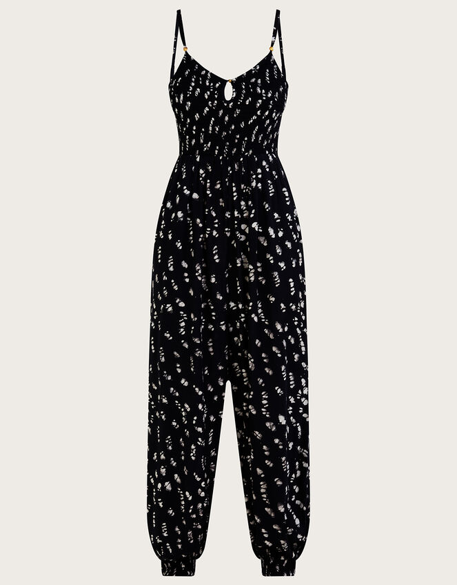Batik Print Shirred Jumpsuit, Black (BLACK), large