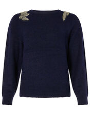 Beaded Shoulder Knit Jumper, Blue (NAVY), large