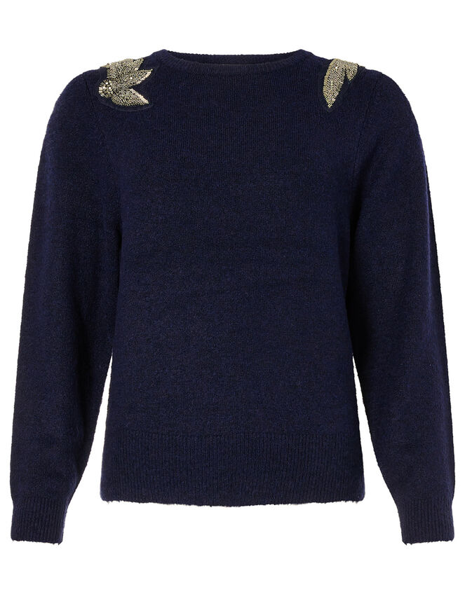 Beaded Shoulder Knit Jumper, Blue (NAVY), large