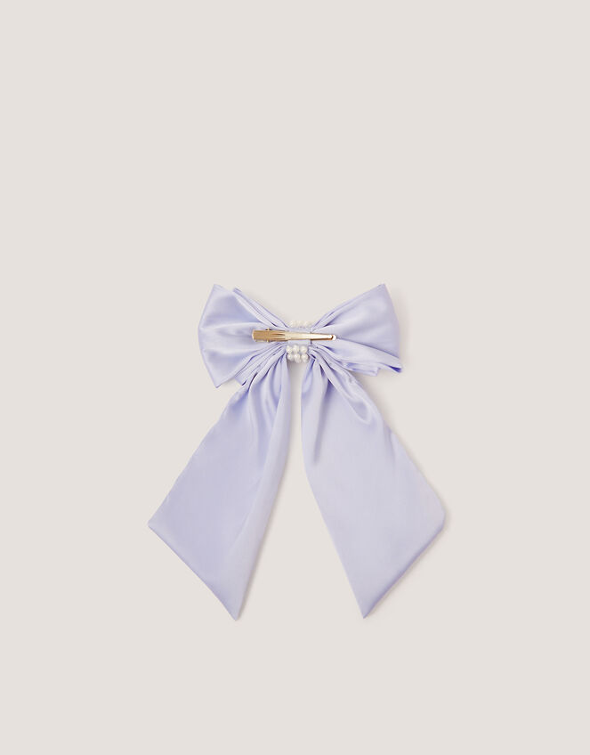 Long Pearl Satin Bow Hair Clip, Blue (PALE BLUE), large