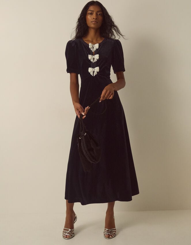 Bella Puff Sleeve Embellished Bow Velvet Dress, Black (BLACK), large