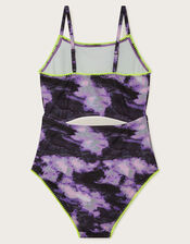Marble Print Cut-Out Swimsuit, Purple (PURPLE), large