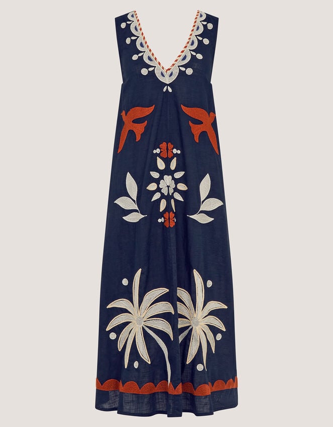 Eloise Tropical Embroidered Midi Dress, Blue (NAVY), large