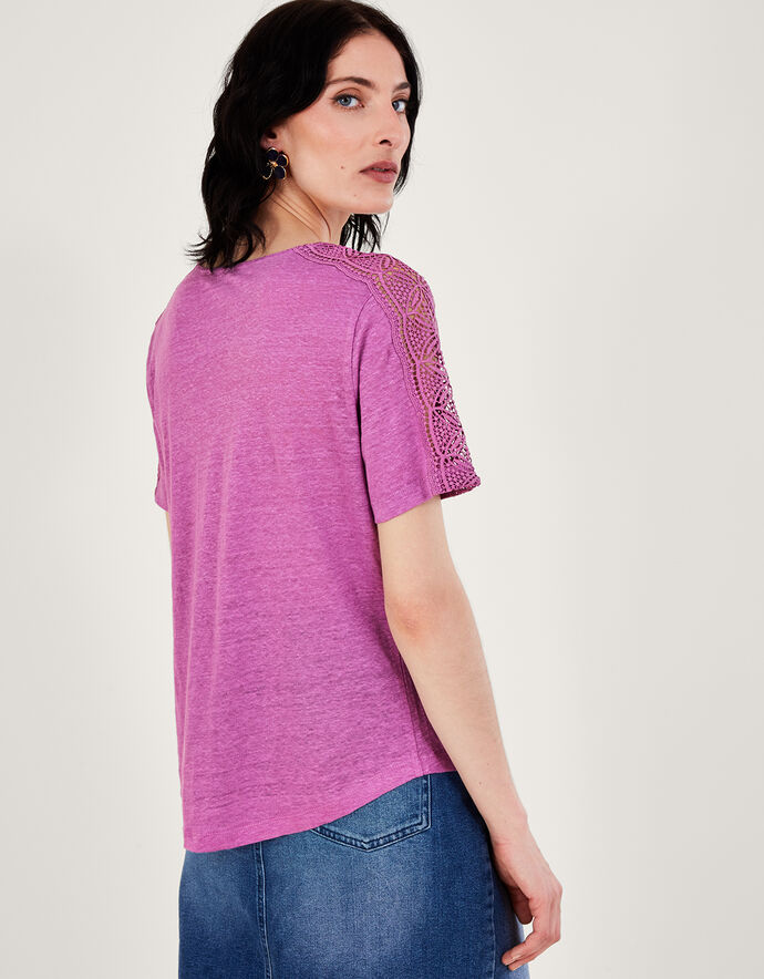Button Through Lace Linen TShirt Purple Tops & Tshirts Monsoon UK.