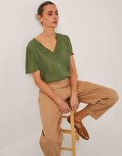 Lisa Embroidered Lace T-Shirt, Green (KHAKI), large