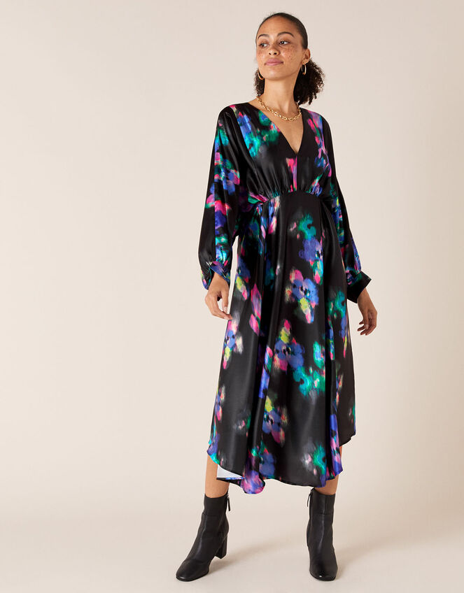 Blur Print Satin Midi Dress, Black (BLACK), large