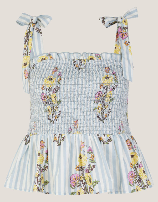 Lucille Floral Stripe Smocked Top, Blue (BLUE), large