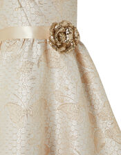 Honey Jacquard Dress with Sequin Corsage, Gold (GOLD), large
