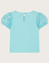 Floral Puff Sleeve T-Shirt, Blue (AQUA), large