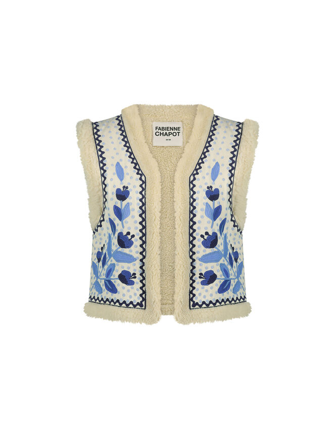 Fabienne Chapot Embroidered Borg Gilet, Blue (CORNFLOWER), large