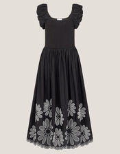 Ella Frill Floral Embroidered Midi Dress, Black (BLACK), large