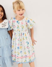 Bonnie Puff Sleeve Checkerboard Floral Dress, Ivory (IVORY), large