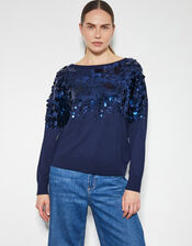 Sabine Boat Neck Sequin Jumper, Blue (NAVY), large