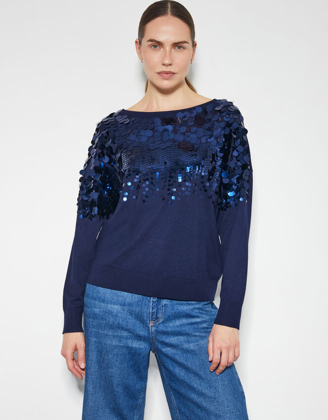 Sabine Boat Neck Sequin Jumper, Blue (NAVY), large