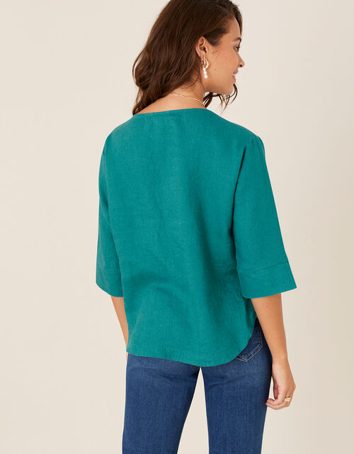 Daisy Plain T-Shirt in Pure Linen, Teal (TEAL), large