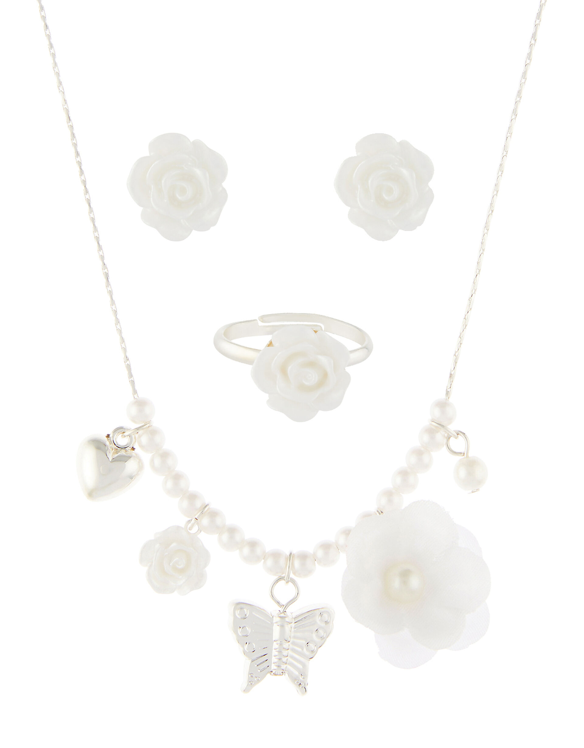 Lacey Flower Necklace, Ring and Earring Set, , large