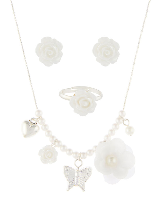 Lacey Flower Necklace, Ring and Earring Set, , large