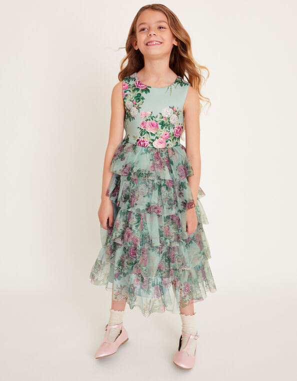 Flora Rose Print Tiered Tulle Dress, Green (GREEN), large