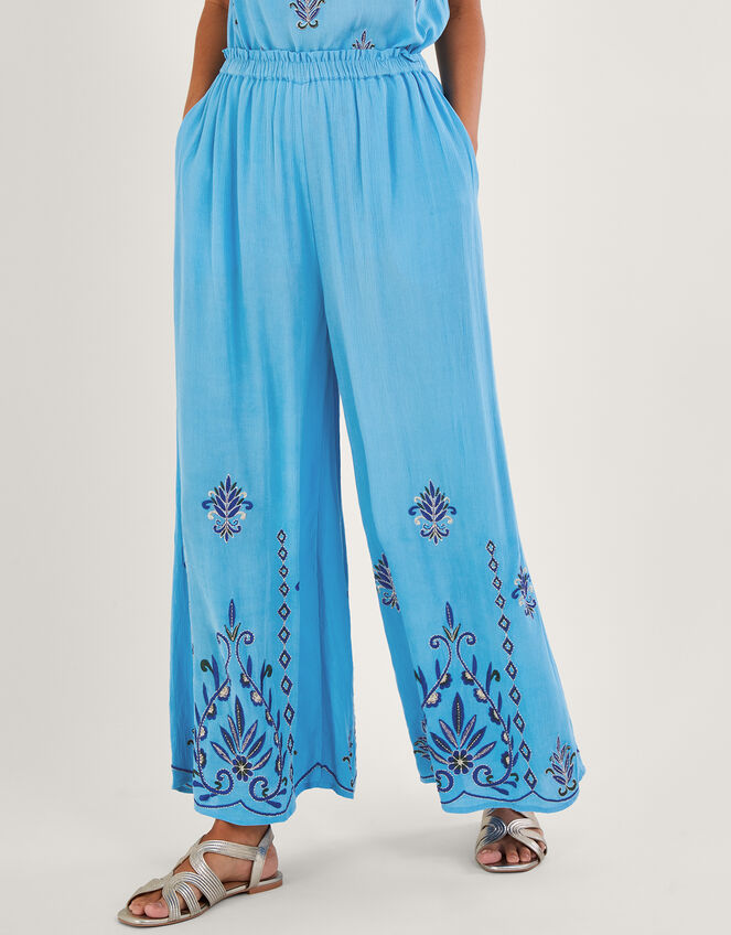 Embroidered Wide Leg Trousers in LENZING™ ECOVERO™ Blue | Trousers ...