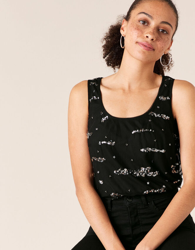 Tara Embellished Stretch Sleeveless Top, Black (BLACK), large