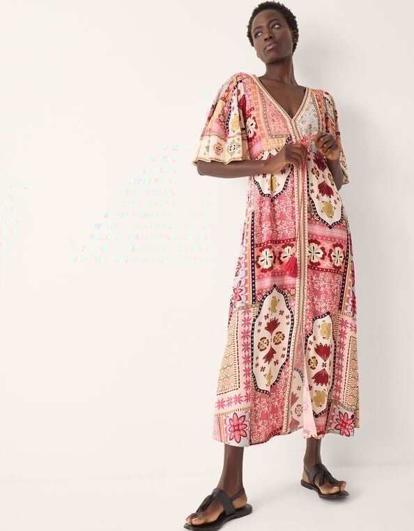 Patti Flutter Sleeve Tile Print Maxi Dress, DARK PINK, large