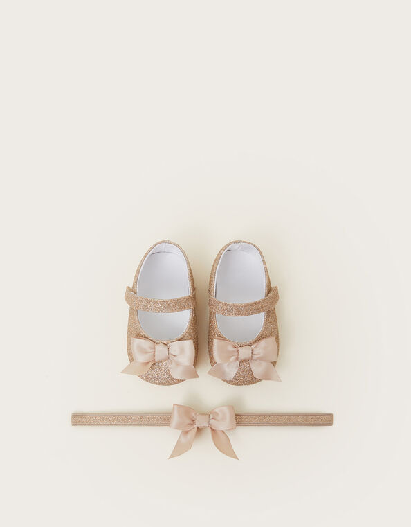 Baby Glitter Bow Booties and Headband Set, Gold (GOLD), large