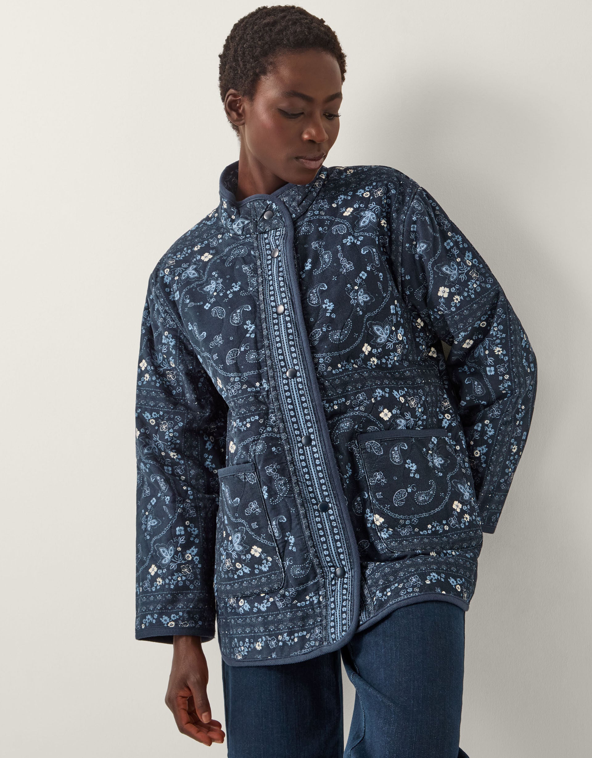 Mandy Paisley Print Quilted Corduroy Jacket Blue | Women's Coats