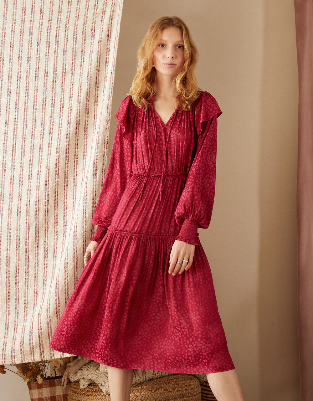 Women Dresses | Satin Jacquard Midi Dress Pink - ML13575