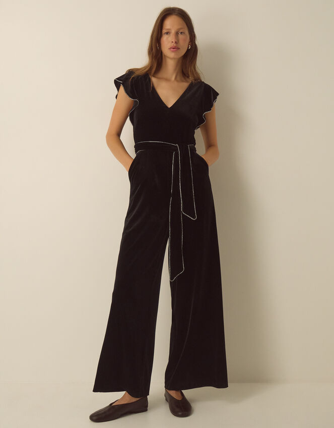 Dionne V-Neck Velvet Jumpsuit, Black (BLACK), large