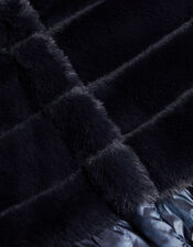 Faux Fur Padded Shine Coat, Blue (NAVY), large