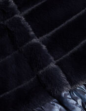 Faux Fur Padded Shine Coat, Blue (NAVY), large